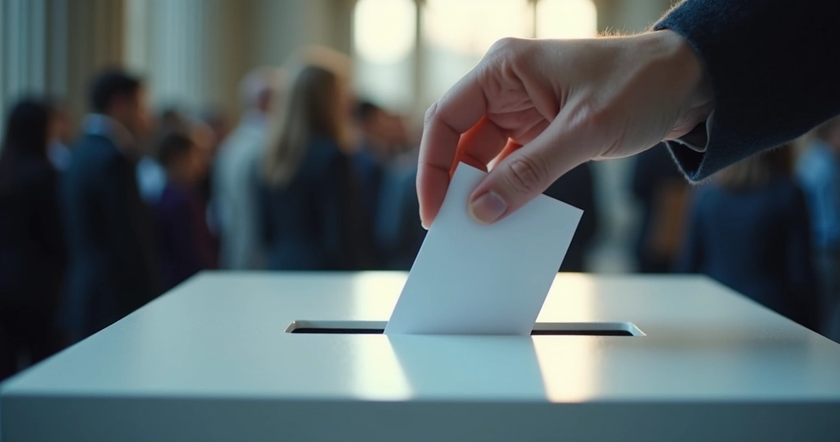 Mão depositando voto em urna sob luz dramática