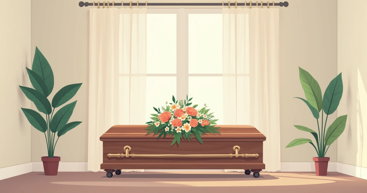 Urna mortuária decorada com flores sobre mesa de velório 