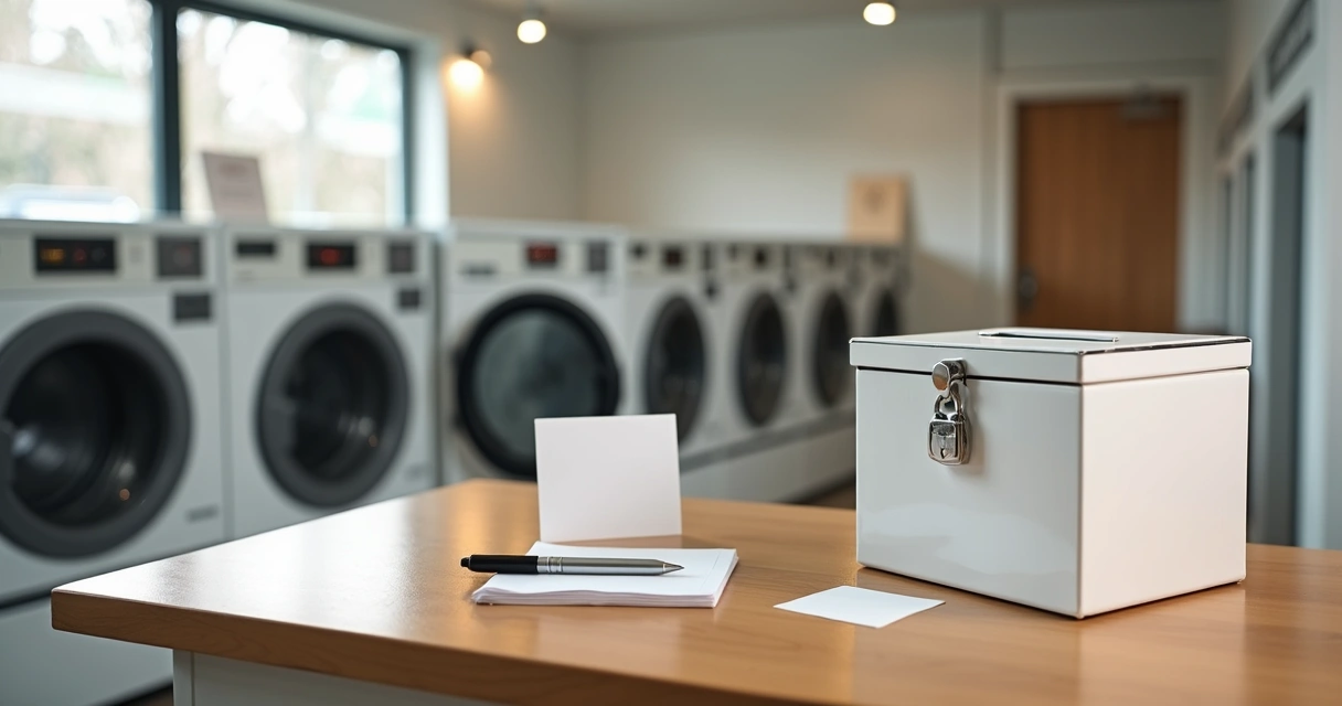 Urna de sugestões em papel ao lado de uma máquina de lavar roupa 