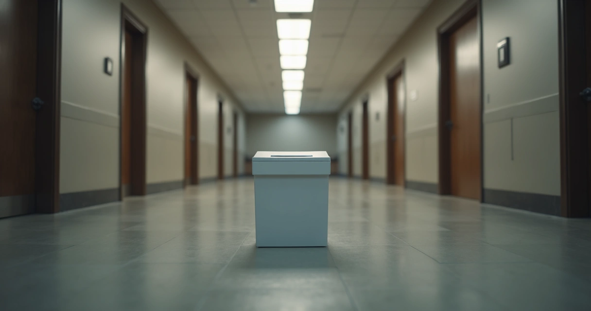 Urna de votação sob luz baixa diante de corredores institucionais vazios
