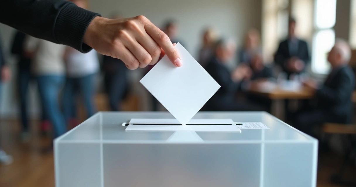 Pessoa colocando cédula em urna de votação 