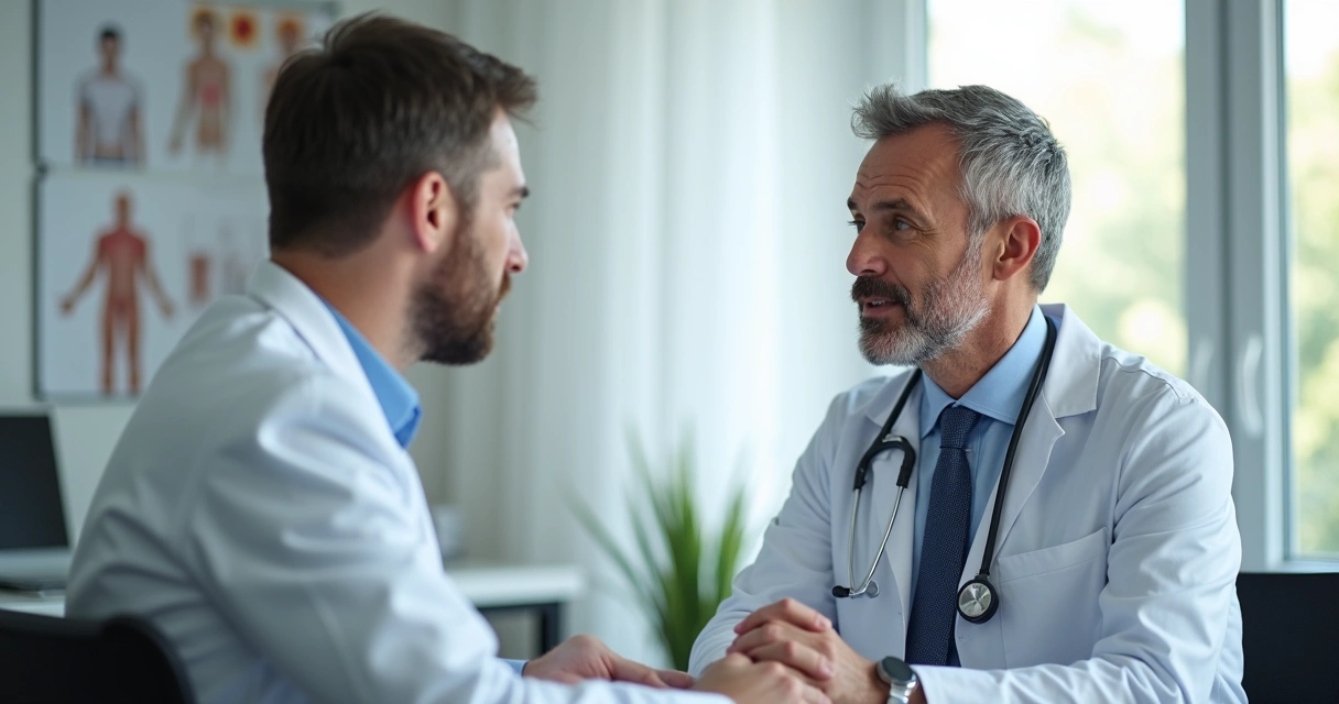 Médico urologista atendendo homem em consulta. 