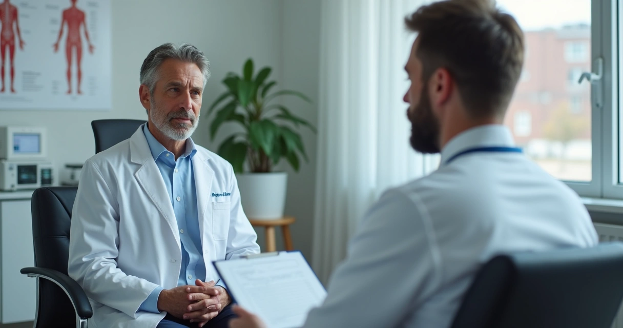 Consulta urológica com paciente explicando sintomas 