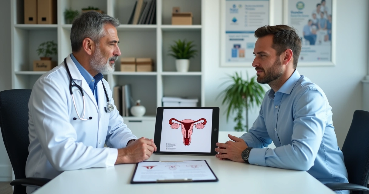 Médico urologista conversando com paciente sobre vasectomia em consultório moderno 