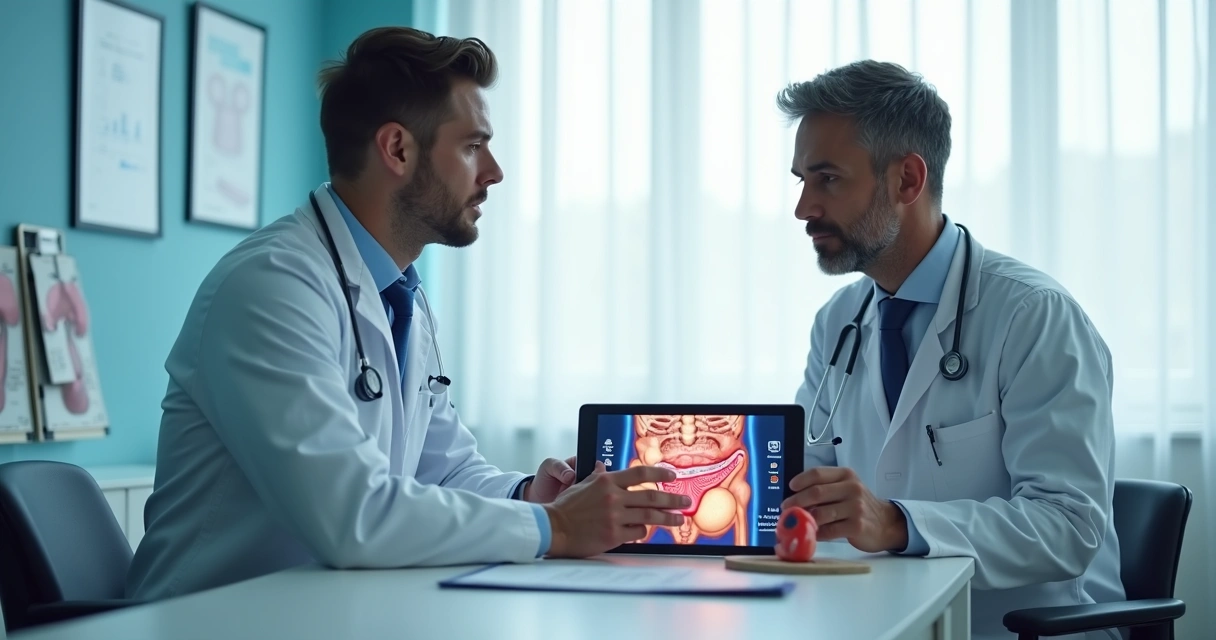 Médico urologista consultando paciente em sala branca 