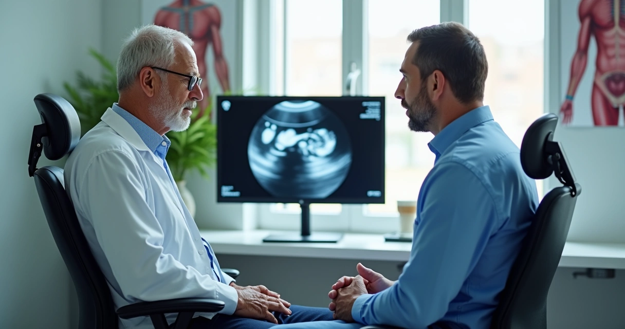 Consulta de paciente com urologista analisando exame