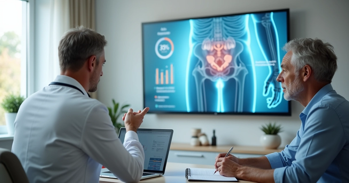 Urologista mostrando planejamento de cirurgia robótica de próstata em painel digital para paciente 