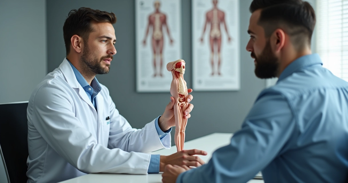 Urologista mostrando modelo anatômico do pênis em consultório