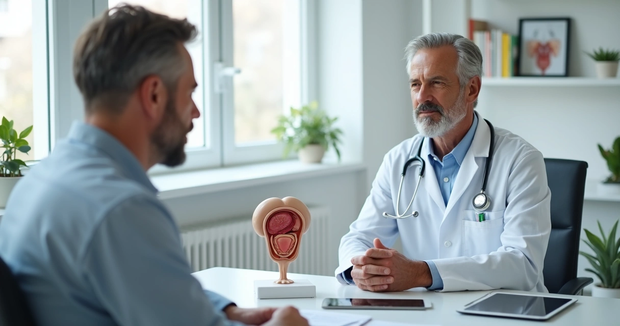 Urologista explicando hiperplasia benigna da próstata para paciente maduro em consultório 