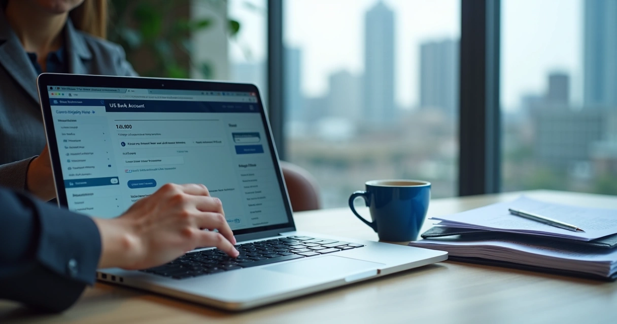 Businessperson opens U.S. bank account online with business documents