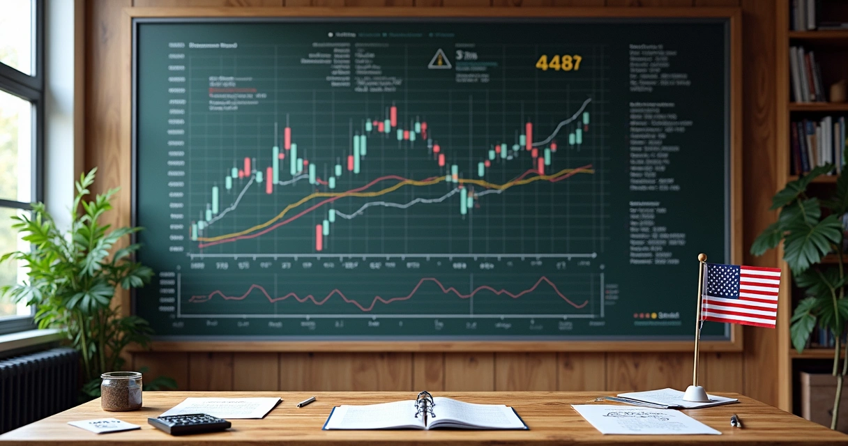 Detailed financial charts and graphs on a blackboard with US flag beside
