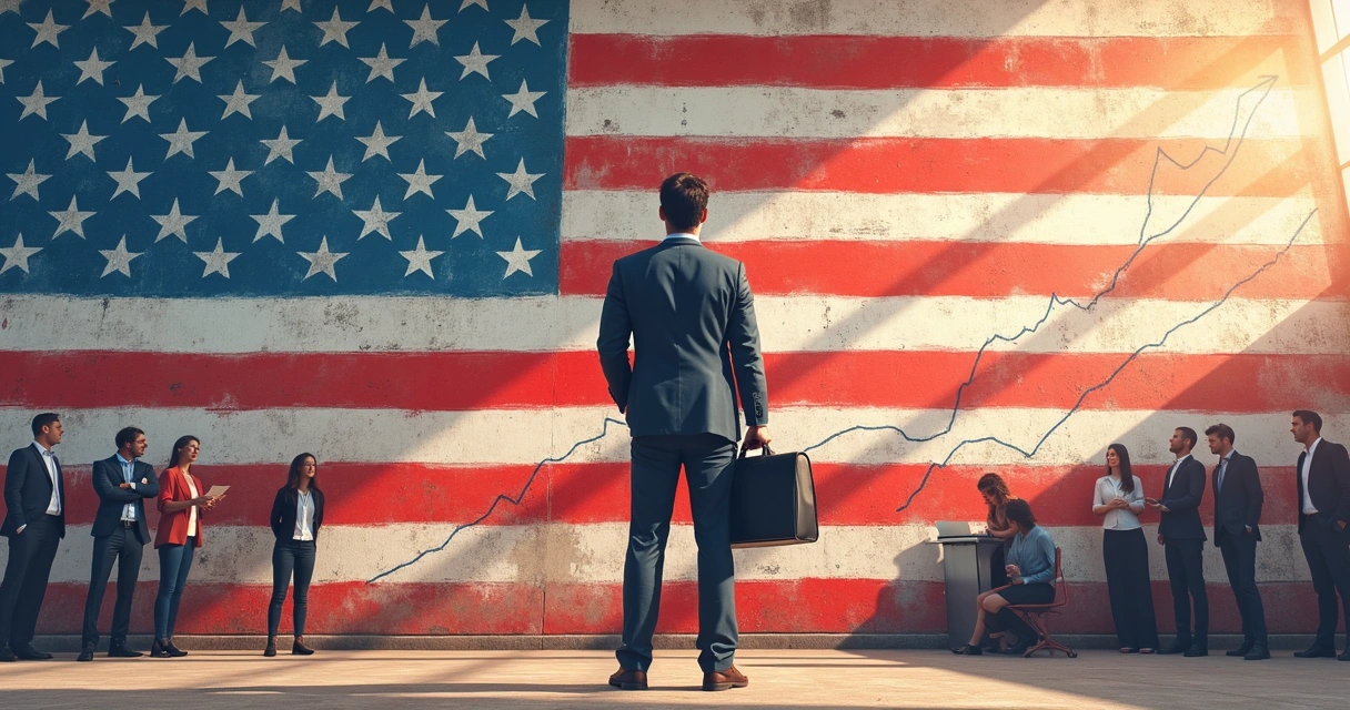 Entrepreneur holding briefcase in front of large US flag mural