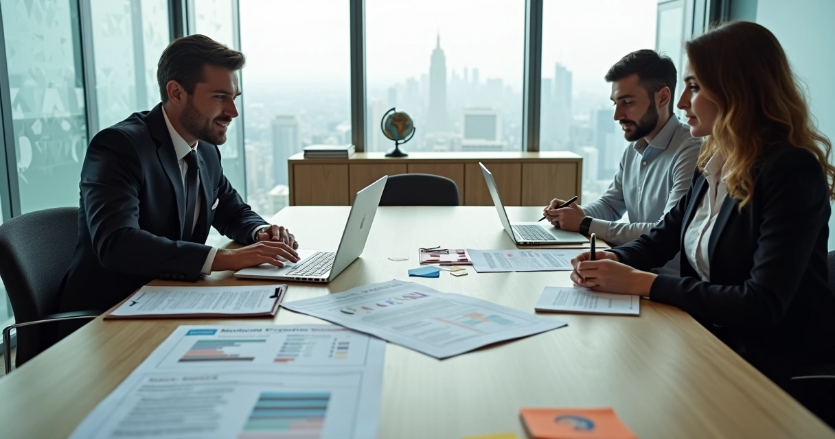 Immigration lawyer and client reviewing US visa options at a conference table