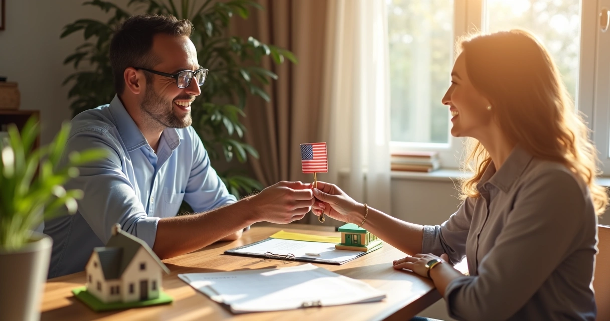 Brazilian investor at US property closing with keys and contract 