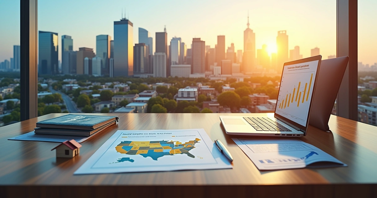 Collage of major U.S. city skylines overlaid on a map highlighting real estate investment hotspots 