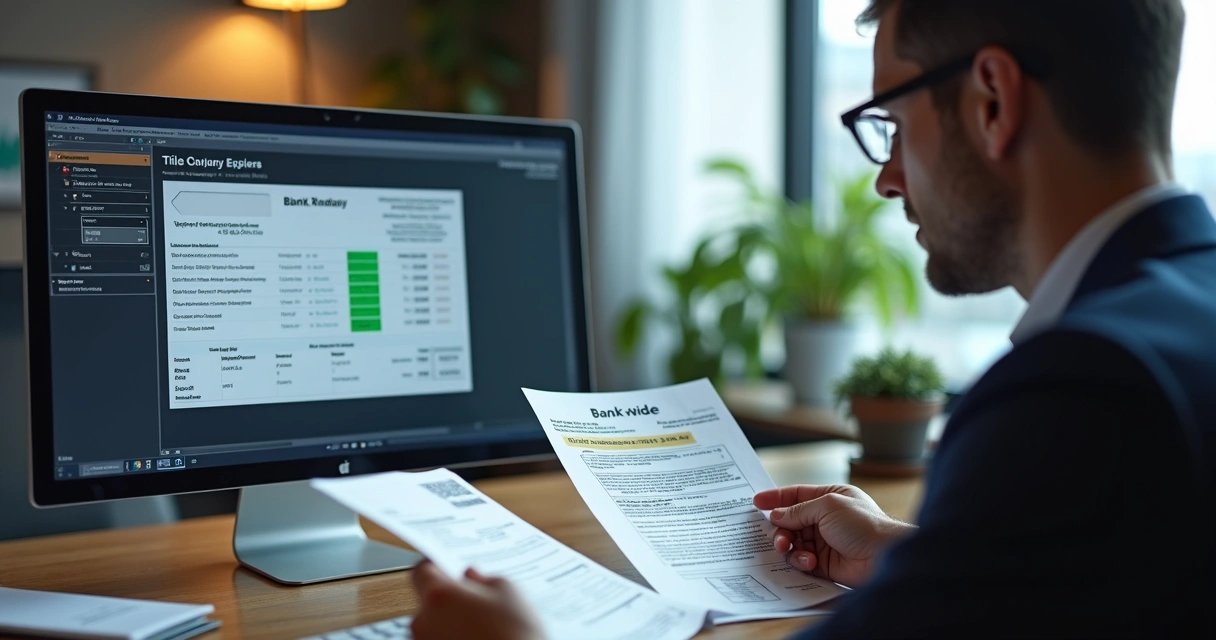 Title agent reviewing wire transfer documents on a desk 