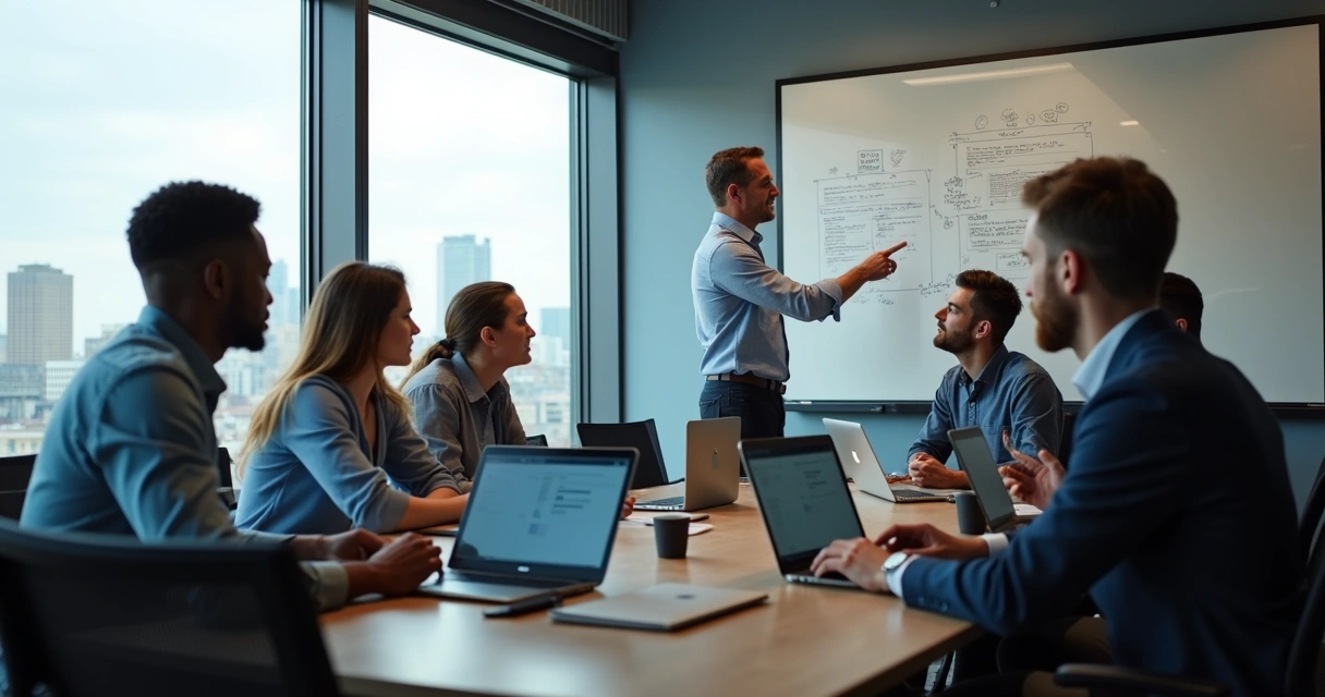 US business team reviewing code with freelance developer in collaborative setting. 