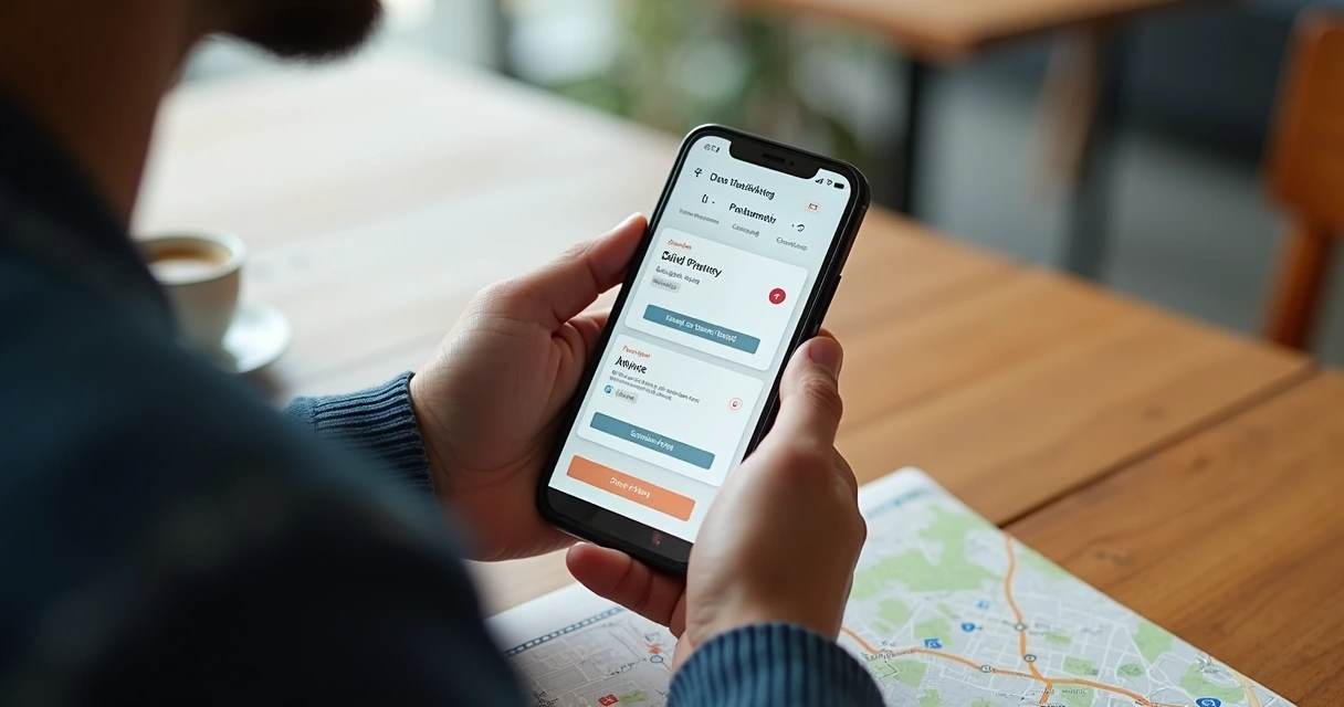 Pessoa testando site em smartphone, foco em menu aberto e botões grandes 