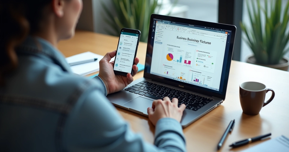 Pessoa usando software em notebook, consultando tutorial aberto em smartphone ao lado 