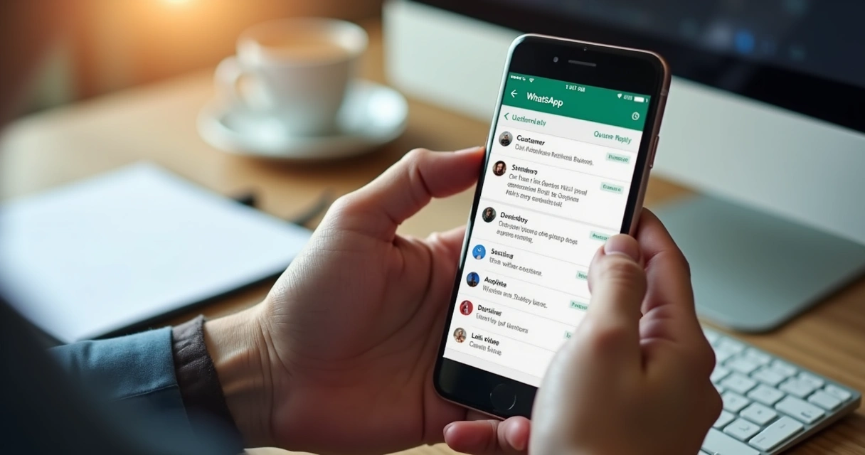 Pessoa usando WhatsApp Business em smartphone, com etiquetas e mensagens automáticas na tela 
