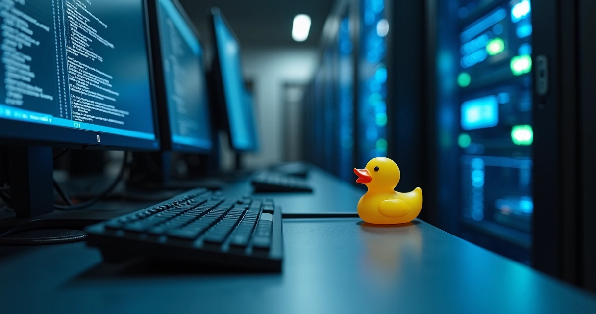 Pendrive disfarçado entre teclados em estação de trabalho corporativa 