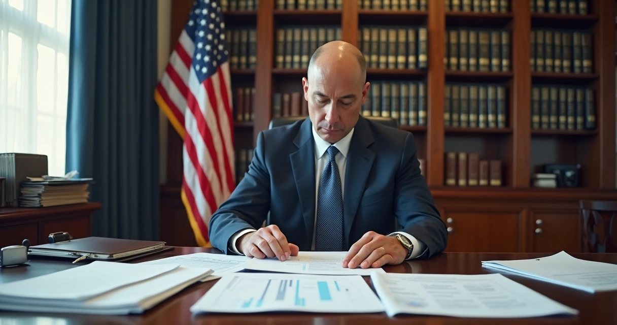 USCIS officer reviewing an NIW business plan at a desk 