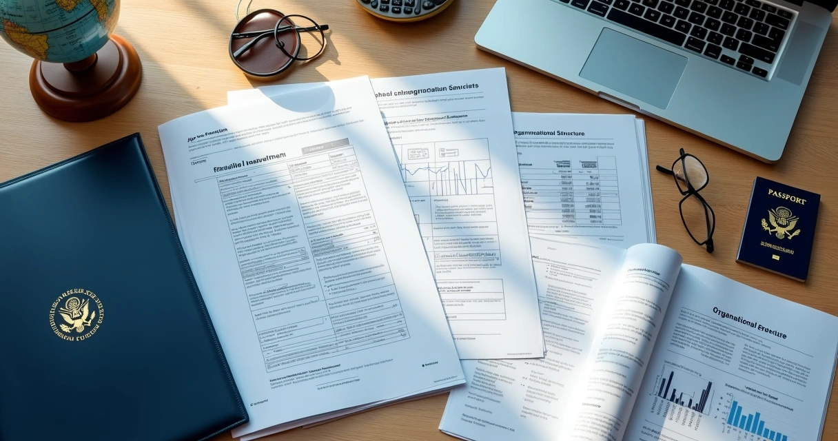Overhead view of detailed business plan documents with U.S. flag folder and financial charts on a desk 