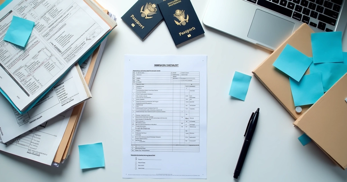 Immigration filing checklist beside organized documents 