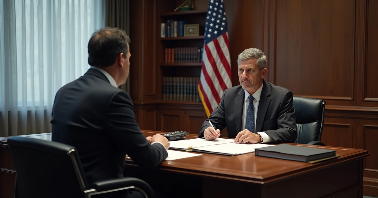 USCIS officer talking with applicant in interview room