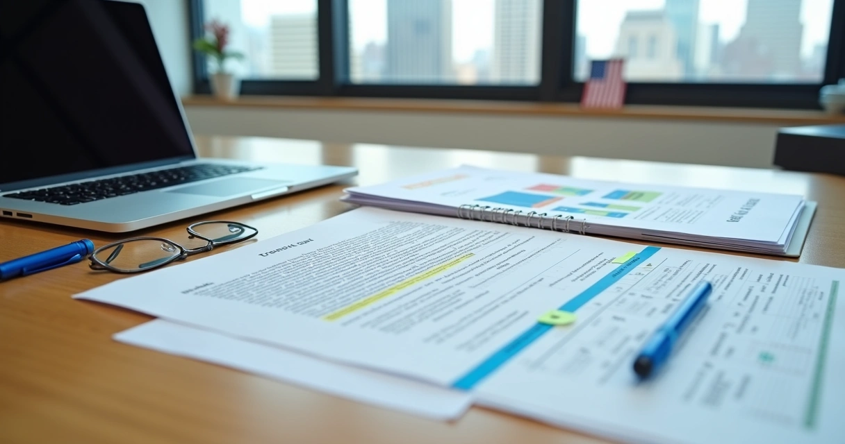 Organized desk with USCIS RFE notice and annotated business plan charts 