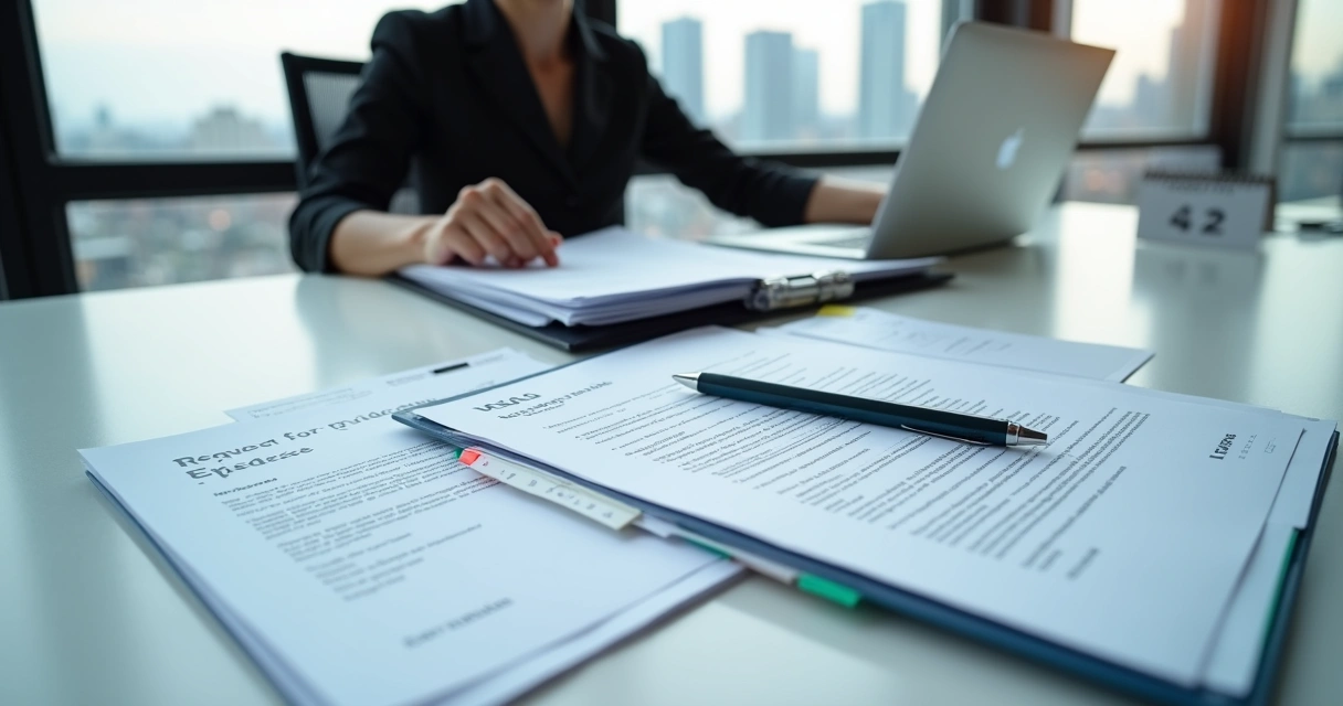 Immigration professional organizing RFE response documents at modern office desk