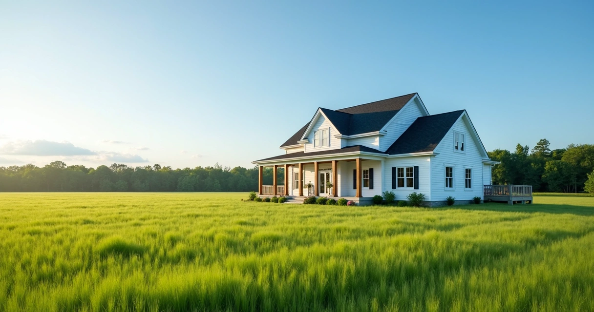 Modern home in rural area with open green field 