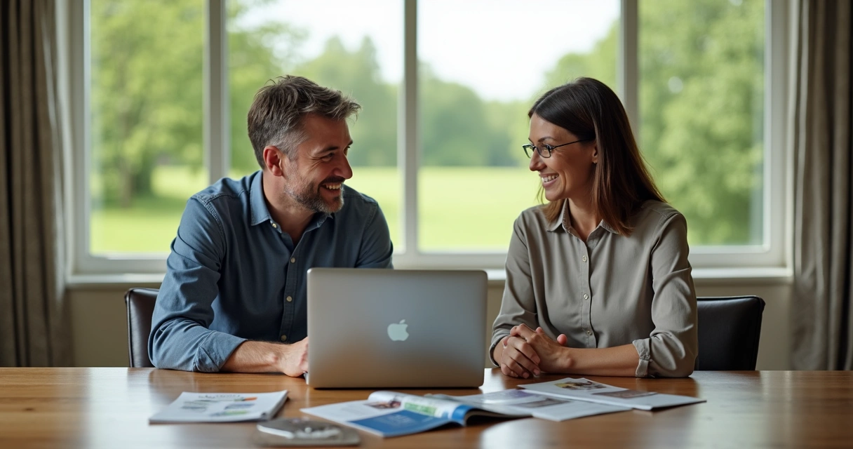 Advisor and client discuss rural home loan programs with laptop 