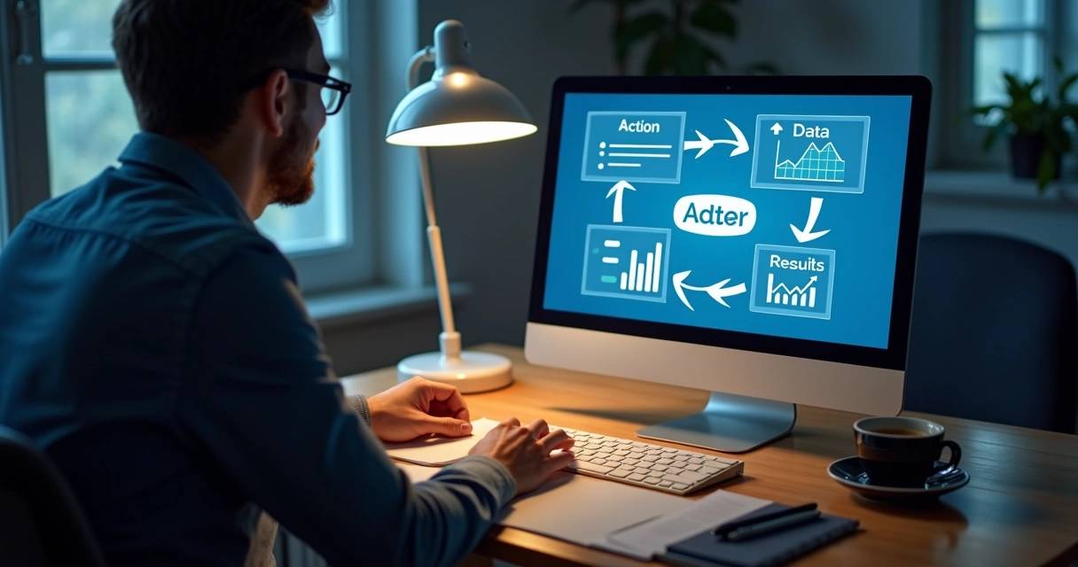 User reviewing analytics loop on a desktop monitor 