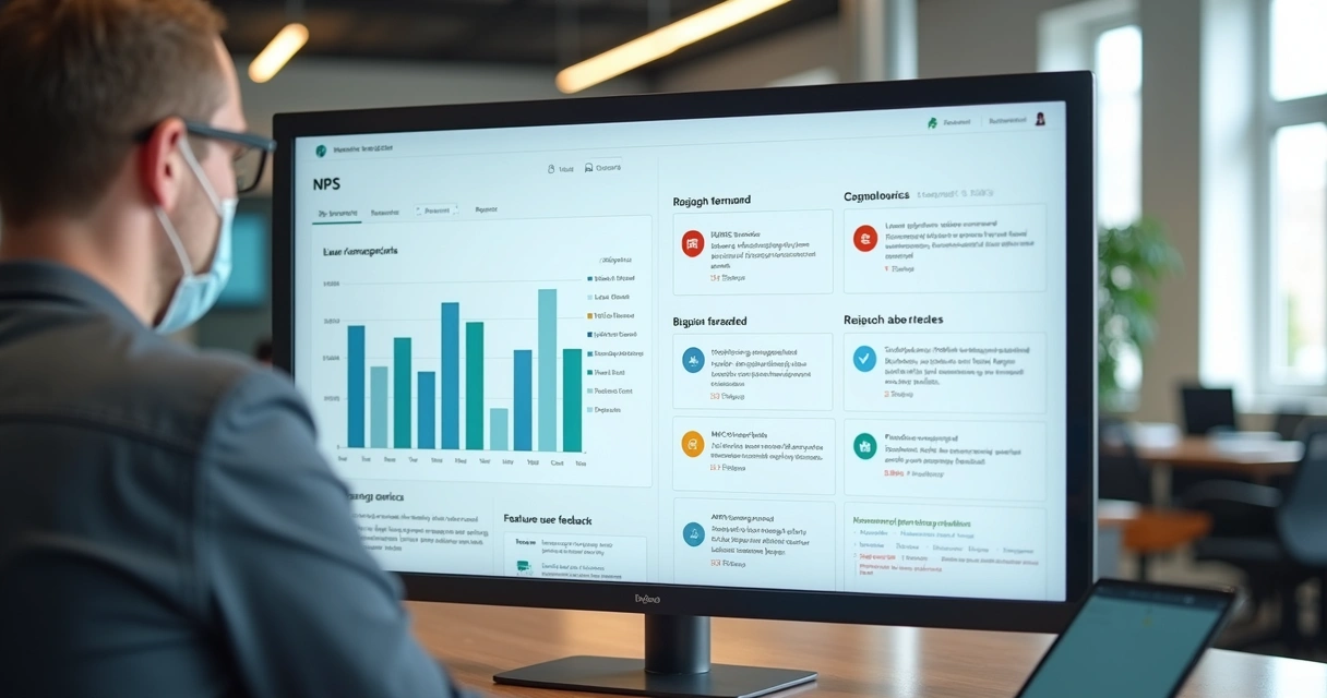 User feedback dashboard with NPS trends and categorized insights 