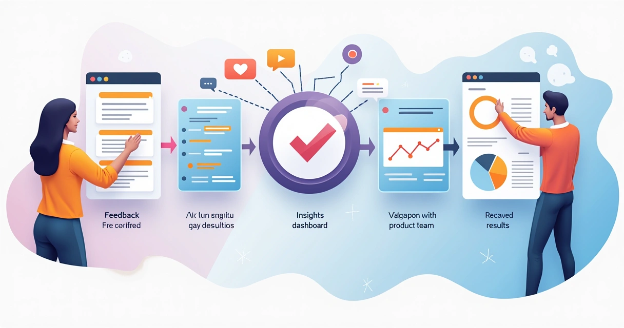 Process chart showing user feedback loop with arrows moving from user interaction, to in-app feedback, to analysis, to actionable insight, using purple and white Thrilled branding. 