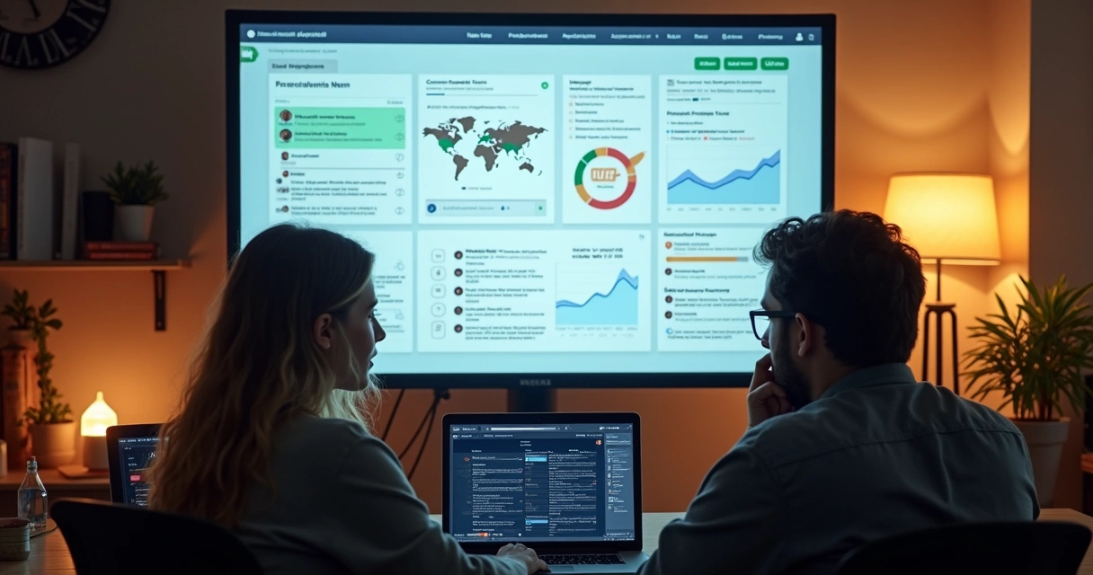SaaS team looking at user feedback dashboard with subtle cues and graphs 