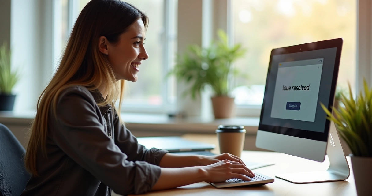 Usuária sorrindo após problema resolvido no computador 