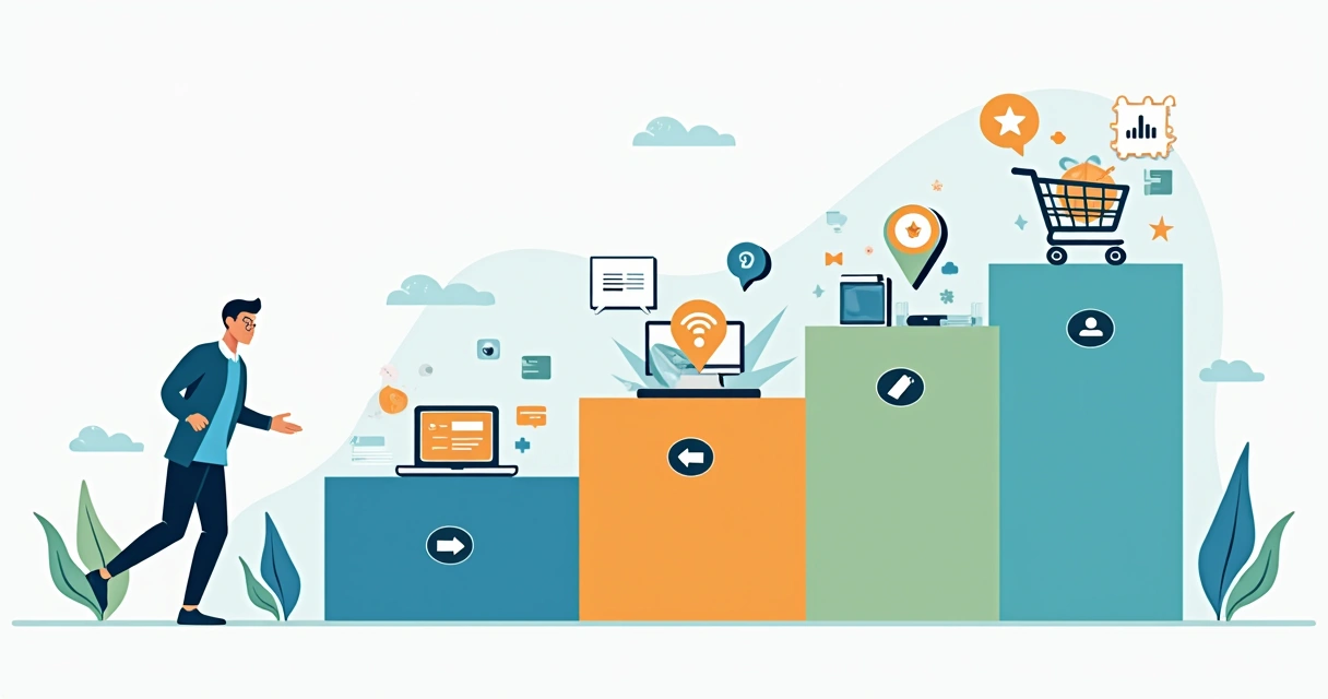 Illustration of a person moving through four stages of online search intent