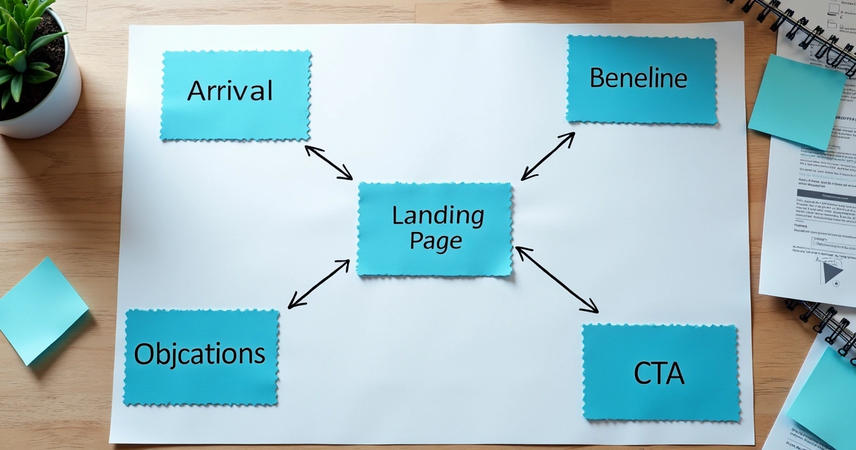 User journey mapping sketch for a landing page with arrows connecting steps