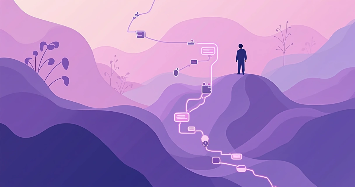 Abstract illustration of user in a minimalistic onboarding flow, paths branch off at clear decision points, one path fades out to represent churn. Brand colors with white background. 