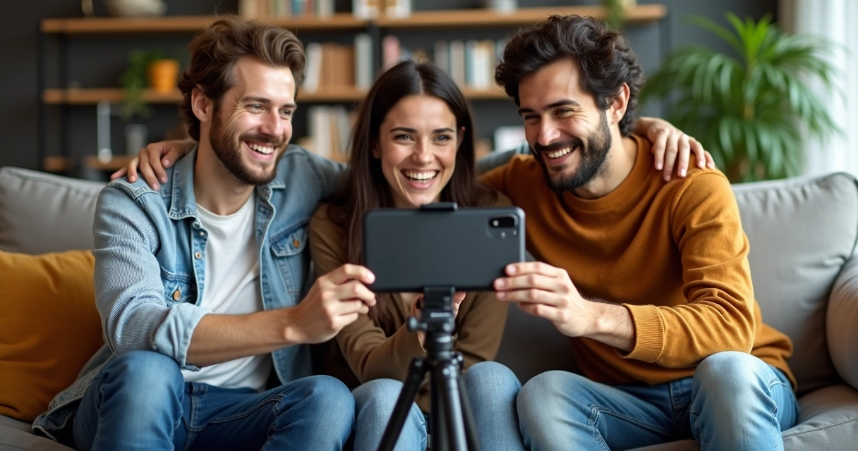 Group of friends recording a video review together in casual setting 