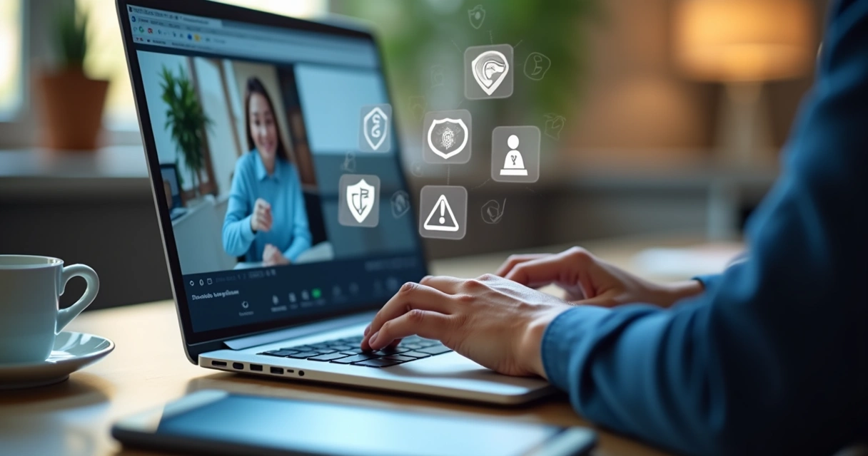 User learning video call security basics on a laptop 