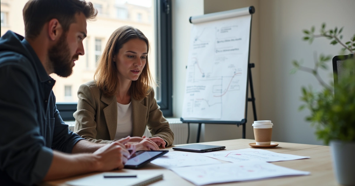 Designer observes user testing an app prototype on tablet 
