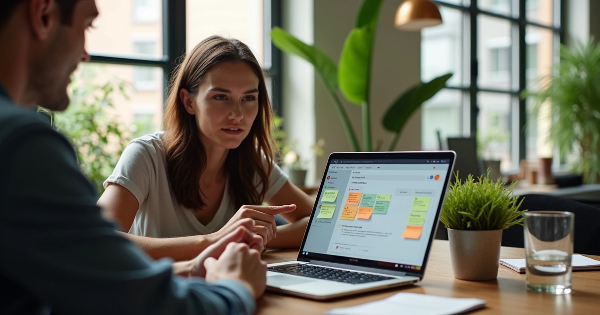 Founder and user testing MVP on laptop during feedback session 