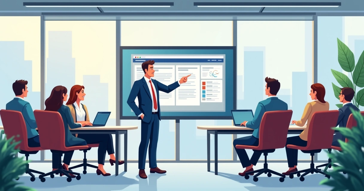 Business team learning new IT systems with instructor in an office conference room 