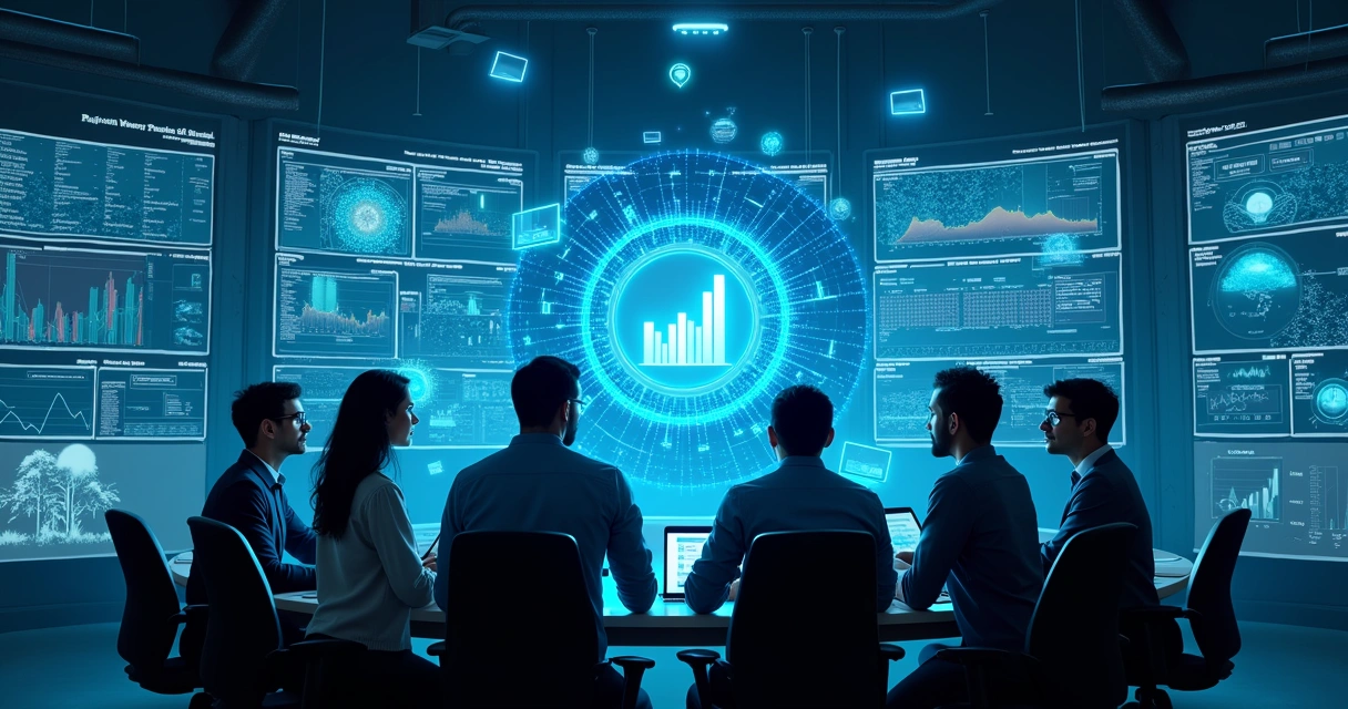 Equipe de engenheiros em sala de controle moderna de usina, analisando dados pode ser vista na tela de holograma azul.