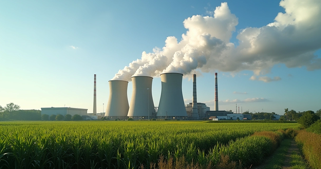 Usina de biomassa com cana-de-açúcar e chaminés em área rural 