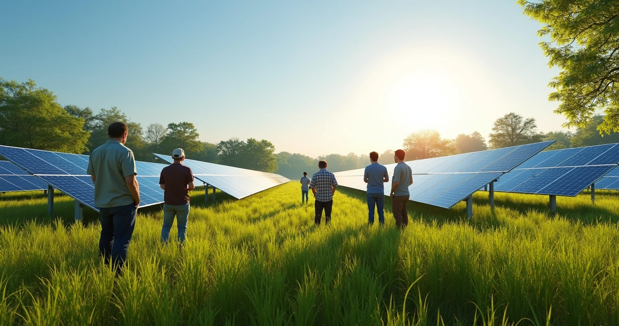 Campo com várias placas solares em funcionamento agrupadas em usina compartilhada