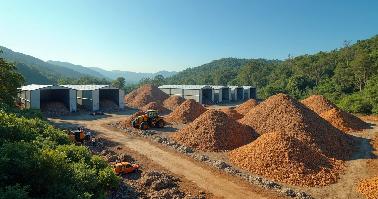 Área de usina de compostagem de resíduos urbanos com montes de material e caminhões 